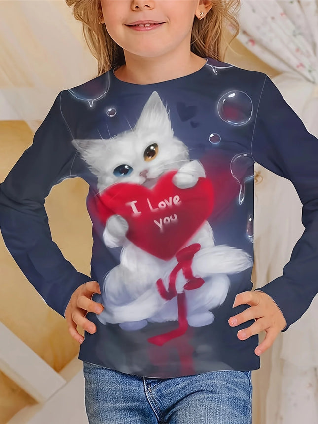Children's Clothing Girl T-Shirts Long Sleeve Child T Shirt Cartoon Round Neck Cat Print Casual Kids Summer Clothes Girl Top Tee