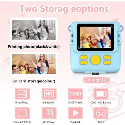 Portable Instant Print Camera for Kids - 1080P HD Video Camera with 3 Rolls Photo Paper and 32GB Card, Perfect Toy for Toddlers