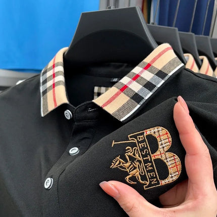 Luxury brand men's short-sleeved polo shirt, summer high-end fashion, plaid embroidery, lapel, casual T-shirt, breathable cotton top