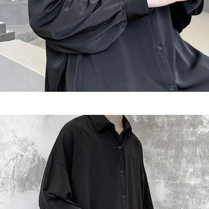 Korean Style Men's Long-sleeved Shirts Black Tie Cozy Casual Solid Oversize Blouses Breathable Loose Shirt Harajuku Male Clothes