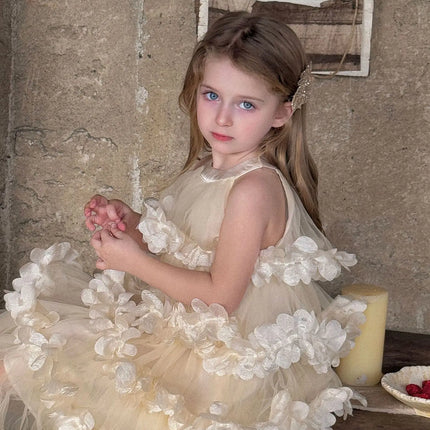 2025 Spring Summer New Children Clothing Girls Neck Hanging Flower Layered Long Dress Korean Children Birthday Princess Dress
