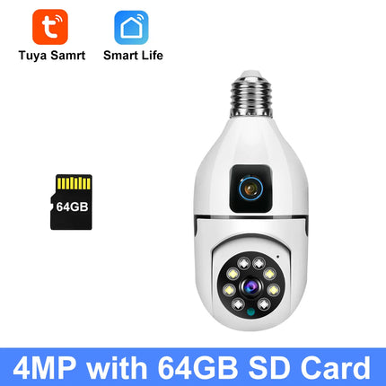 8MP HD PTZ WiFi Dual Lens Dual Screen E27 Bulb Camera Tuya Smart Life Security Video Surveillance Camera Ai Human Auto Tracking