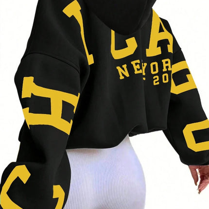 Letter Printed Long Sleeve Hoodie,Ladies Spring Fall Casual Drawstring Sleeve Hooded Regular Fit Drop Shoulder Women Hoodies