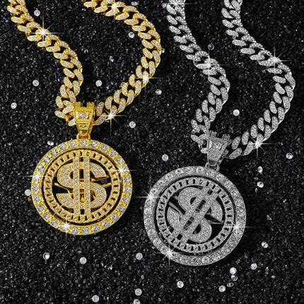 Men Hip Hop Big Rotatable US Dollar Money Sign Pendant Necklace 13mm Iced out Cuban Chain Choker Necklace Rap Rock Charm Jewelry