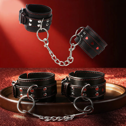 Adjustable PU Leather Heart Handcuffs & Ankle Cuff Bracelet - Women BDSM Cosplay Fetish Adult Game Couples Sexy Toys Accessories