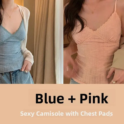 Pure Desire Lace Trim Camisole Tank Top with Chest Pad Summer Slimming Inner Wear Outerwear Beautiful Ba Boting Underwear