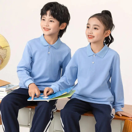 Spring Autumn Tops School Wear Clothing Blue White Cotton T-shirts Kids Boys Girls Polo Shirts 2025 New Arrival Children Casual