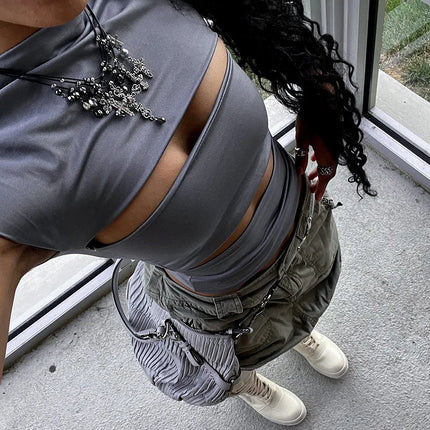 Sexy Wrap Chest Hollow Out Turtleneck Slim T-Shirt Women Short Sleeves Bottoming Shirt Ladies Tee Shirt Tops Camisetas Mujer