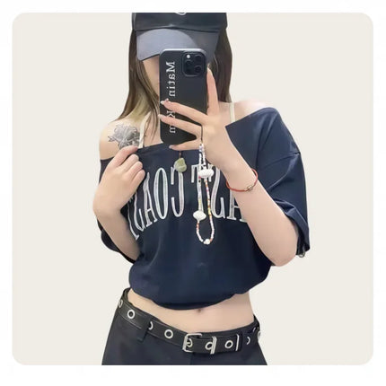 Women's American-Style Short-Sleeved T-Shirt, Summer Design, Finterest Slimming, Loose, Retro Off-Shoulder Top