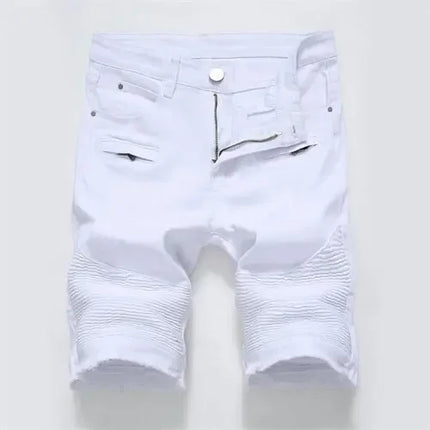 New Red Men's Jeans Shorts Pleats and Holes Decorated Shorts Men Blue White Black Blue Red Denim Shorts，Asian Size