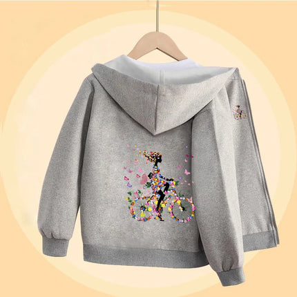 Butterfly Bike Cartoon Sweatshirt for Girls Autumn Long Sleeve Coats Girl Cotton Hoodie with Zipper 5-14T