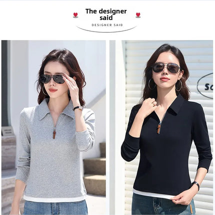 False Two-piece Design Polo Collar Shirt Women's Long Sleeve Cotton T-Shirt Solid Color Business Casual Blend Top Fashion Style