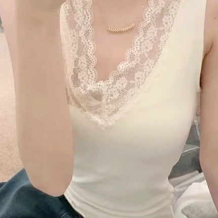 Spring Autumn Women's Slim Fit Lace Trim V-Neck Strap Vest Top Slim Inner Wear Base Layer Sweet Style Elastic Fiber