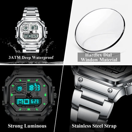 POEDAGAR Functional Men Wristwatch Waterproof Luminous Stainless Steel LED Man Watch Week Date Electronic Men's Quartz Watches