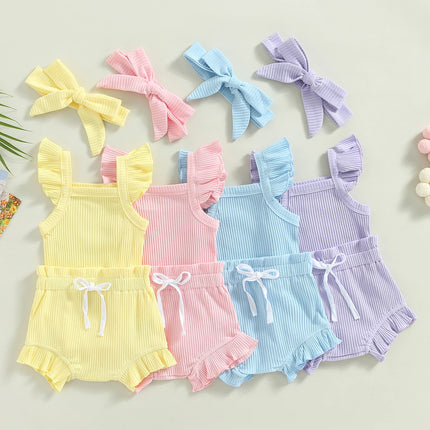 2021 Baby Summer Clothing Baby Girl Tops, Lace Up Pants Suit, Square Neck Short Ruffle Sleeve Romper, Loose Flouncing Shorts