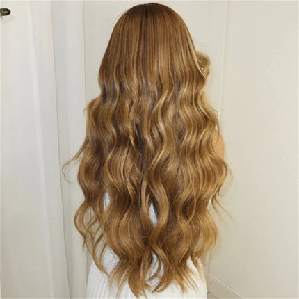 Party Daily Cosplay Wigs 13x4 Ombre Blonde Brown Highlights Synthetic HD Lace Front Wig Natural Long Body Wave Wig High Quality