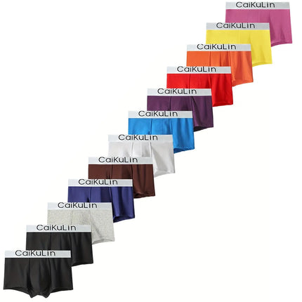 12 Pieces of Randomly Mixed Color Fashionable Men's Underwear, Comfortable Solid Color Mid-Waist Sports Boxer Briefs