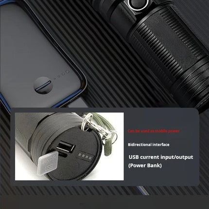 New model LED adjustable focus flashlight, USB rechargeable, aluminum alloy, high-intensity, outdoor camping self-defense flashl