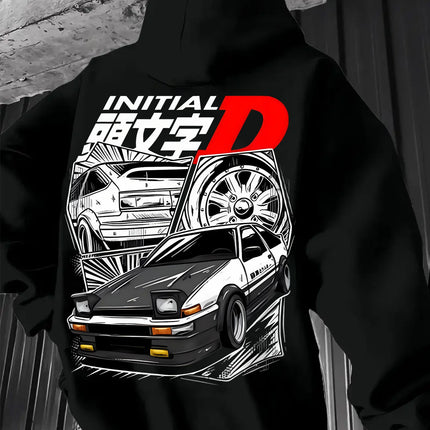 Black Hooded Sweatshirt Featuring Initial D Logo with Iconic JDM Car Illustration, Men's Anime Pullover