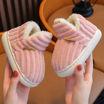 New Winter Simplicity Stripe Plush Slippers Children's Non-slip Soft Sole Kids Boys Girls Heel Wrap Warm High Home Cotton Shoes