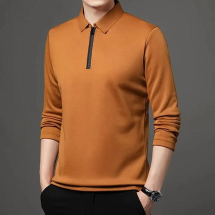Spring and Autumn Men's Collared Polo Shirt Casual Long-Sleeved Men's Solid Color Top Fashionable Streetwear Zipper Collar Men's