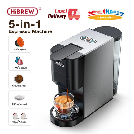 HiBREW Coffee Machine 5in1 Multiple Capsule Espresso Dolce Milk&Nespresso&ESE Pod&Powder Coffee Maker Stainless Metal H3A