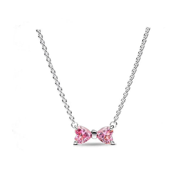 925 Sterling Silver Pink Bow Jewelry Set Ring Earrings Bracelet Necklace for Women Birthday Gift