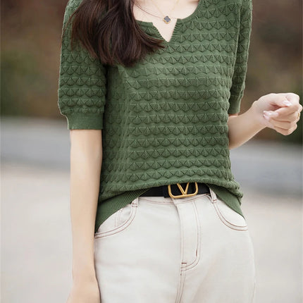 Women's T-shirt Summer New 100% Pure Cotton Tees Casual Solid Knitted Short sleeved V-neck Pullover Loose Tops Fashion Sweater