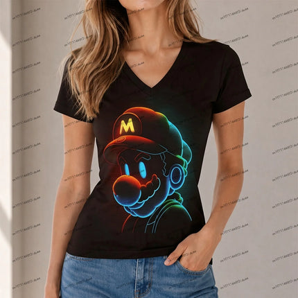 New Super Mario Women T Shirts Party XS-5XL 3D Print V Neck Harajuku Style Streetwear Hot Sale Fashion Summer Anime High Quality