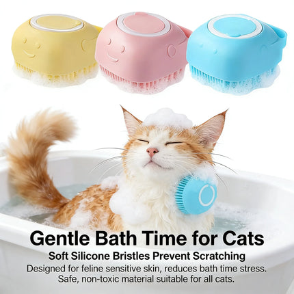 2-in-1 Pet Bath & Massage Brush with Shampoo Storage Silicone Dog Cat Grooming Tool for Puppy Kitten Sensitive Skin