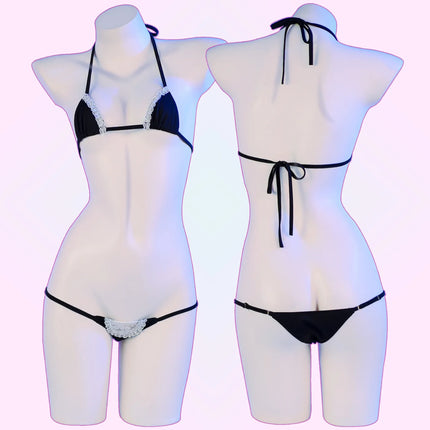 Anime Mini Bikini Set Black  Pu Leather Maid Bathing Suits Leather Bra With Lace Cosplay Costume Girl Swimsuit Role Play Lace