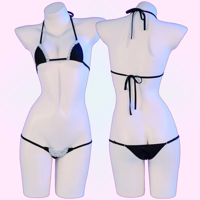 Anime Mini Bikini Set Black Pu Leather Maid Bathing Suits Leather Bra With Lace Cosplay Costume Girl Swimsuit Role Play Lace