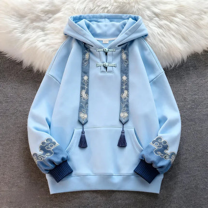 New Chinese Style Hooded Embroidered Fleece Women's Sweatshirt Slimming Loose Fit Comfortable Long Sleeve Polyester Casual St...