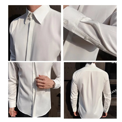 Men's White Long-Sleeve Dress Shirt - Slim Comfortable Fabric. Ideal for Formal Events & Everyday Wear. Classic & Modern Design