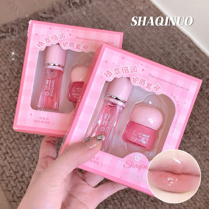 Strawberry Lip Balm & Lip Oil Set Clear Glass Moisturizing Lightweight Hydrating Jelly Day & Night Lip Mask Set Makeup Lips Care