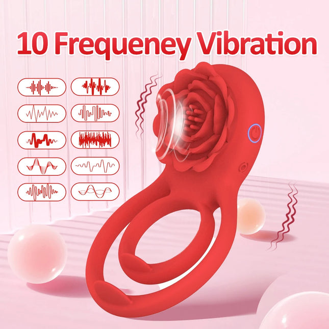 Vibrating Cock Ring with Rose Clitoral Stimulator Pleasure Penis Ring Vibrator 7 Vibration Couples Adult Sex Toys for Men Women