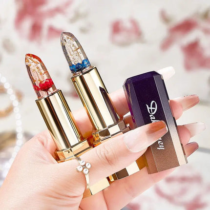 Transparent Flower Jelly Temperature Color-changing Lipstick long-lasting waterproof non stick cup  Anti-drying Lips Skin Care