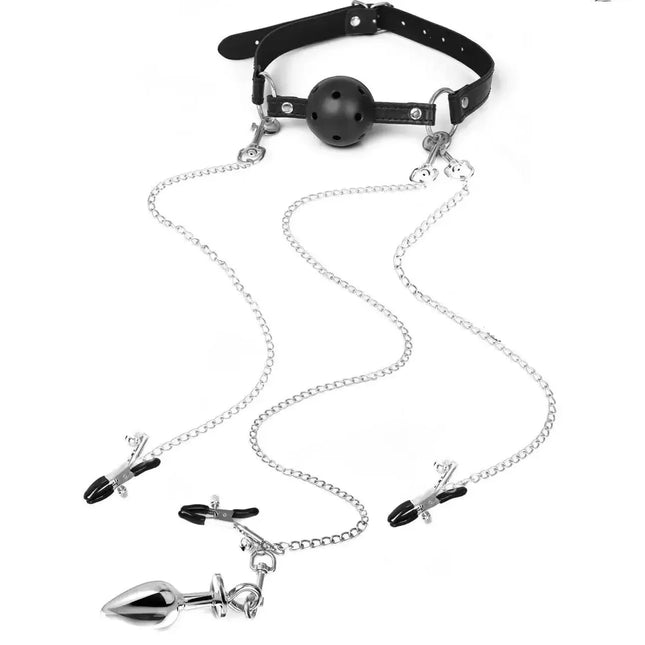 3-in-1 BDSM Bondage Set: Hollow Ball Gag with Nipple Clamps and Metal Anal Plug Adjustable Sensory Play Kit for Couples