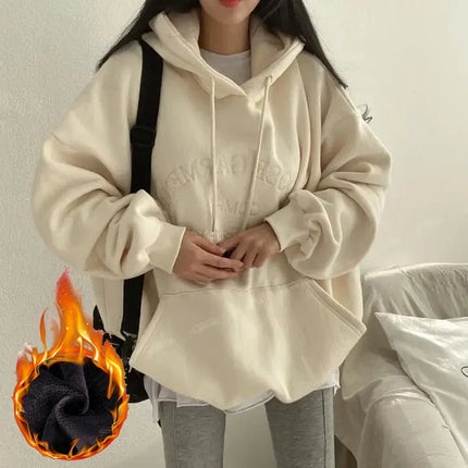 Women Plush Hooded Sweatshirt Oversized Thick Embroidery Casual Pullovers Harajuku Hip Hop Korean Loose Hoodies Sweatshirts