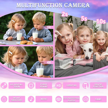 1080P Kids Camera Dual Lens Selfie Digital Camera for Children 12 Pink Styles Video Recorder Toy with Silicone Case Birthday Gif