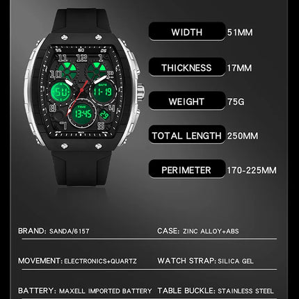 Men Sports Digital Wrist Watches For Male Clock Dual Display Man Tonneau Watches Chronograph Luminous Silicone Band Dropship