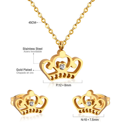LUXUKISSKIDS Chic Elegant Heart Indian Fine Jewelry Sets Women Wedding Crown Steel Necklace And Earrings bijoux Bulk Wholesale