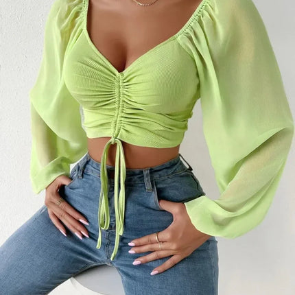 Sexy V-neck Women Blouses Drawstring Long Sleeve Crop Tops Ladies Fashion Summer Short Shirt Woman Clothes Blusas Camisas Mujer