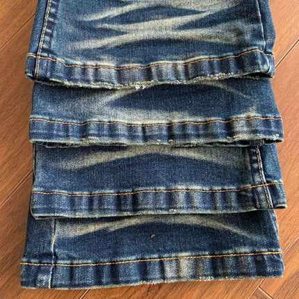 Luxury Jeans for Man Original 2026 Wind Heavy Water Wash Dark Blue Washed Cat Beard Jeans Slightly Slim Fit Old Long Pants Men