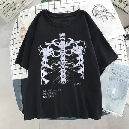 Geometric Pattern Print Harajuku Skeleton Women T-shirts Men Gothic Hip Hop Streetwear Black Goth Clothes Short Sleeve Top Y2k