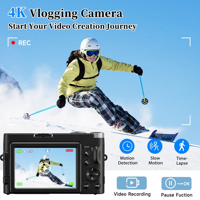 4K Digital Camera for Photography and Video, Autofocus, Anti-Shake, 48MP Compact Vlogging Camera, 3'' 180° Flip Screen with Flash