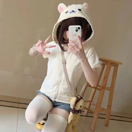 Japanese Cute Core Bear Ears Subculture Slim Fit Zip Up Hoodie Spring Summer New Sweet Girl Sweatshirts Cardigan Jacket Y2k Top
