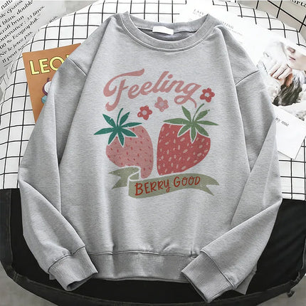 2026 Fashion Strawberry Womens Hoodies Basic Warm Fleece Sweatshirt Soft Y2k O-Neck Pullover Casual Female Clothes