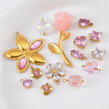 2pcs Gentle Pink Enamel Stainless Steel Charms Rose Flower Starfish Butterfly Necklace Pendant Women DIY Earring Jewelry Making
