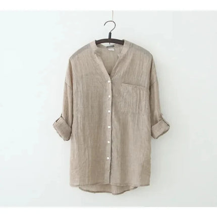 Plus-size Women Long-sleeved Shirt - linen Women's Top, Simple Solid Color Retro Shirt, 2025 Summer Korean-style Clothing